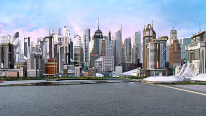 City skyline panorama: skyscrapers, buildings, hotels. Modern cityscape downtown area panoramic view: office towers, residential buildings, empty asphalt floor. 3D urban metropolis panoramic scene