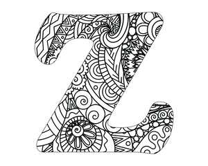 Alphabet mandala pattern, Mandala Style Letters Z, Alphabet letter coloring book vector illustration