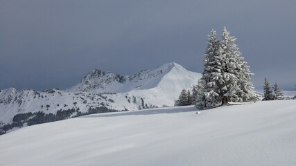 Snow covered mountain landscape near Gstaad, Switzerland.