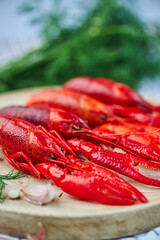 River Cooked Red Crawfish. Boiled crayfish with dill on wooden background