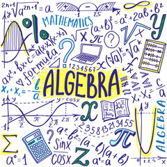 Maths symbols icon set. Algebra or mathematics subject doodle design. Education and study concept. Back to school sketchy background for notebook, not pad, sketchbook. Hand drawn illustration.