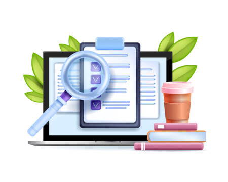 3D checklist on clipboard, vector online document paper, digital exam test, laptop screen, book, cup. Internet survey, questionnaire poll, checkbox icon education plan. 3D work checklist note on white