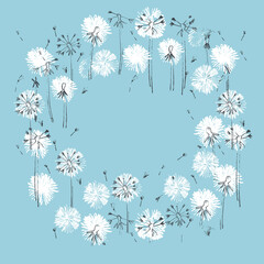 Dandelion wreath for holiday design with place for your text. Greeting card template. Isolated on blue background