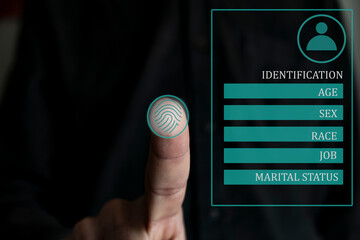 Businessman Fingerprint scan for biometric authentication to unlock security over the blurred data center server room background, Business Technology sceurity Concept