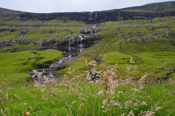 Fototapeta na wymiar The white streaming waterfalls over the black lava rocks on the Faroe Islands in the Atlantic