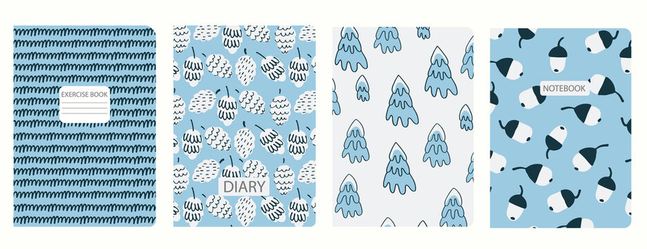Set of cover page templates based on patterns with fir cones, fir, acorn, scribble. Blue-colored pastel backgrounds for notebooks, notepads, diaries, planner. Headers isolated, replaceable