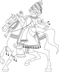 Indian groom on a horse was drawn in Indian folk art, Kalamkari style. for textile printing, logo, wallpaper 