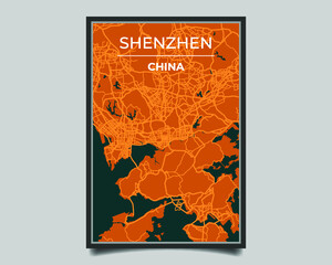Shenzhen city. Map of largest city in the world vector for wall decoration, banner, background, texture. Modern deep blue and orange color. Vector graphic eps 10