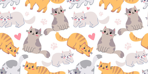 Vector seamless pattern with happy cute different cat character on white color background. Flat line art style design of seamless pattern with animal cat
