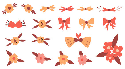 A set of simple botanical elements. Flowers, leaves, bows in childish style. Boho colors. Flat vector illustrations isolated on a white background.