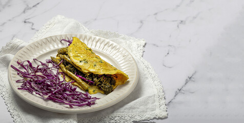Healthy Homemade Green Asparagus Omelette with Spinach and Red Cabbage