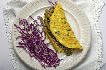 Healthy Homemade Green Asparagus Omelette with Spinach and Red Cabbage