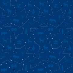 vector seamless pattern with stars and silhouettes of Zodiac animals -  blue