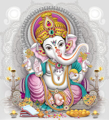 Lord Ganesha, Indian Ganesha, white design background - obrazy, fototapety, plakaty