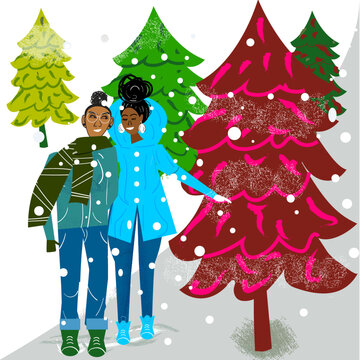 Lesbian couple enjoying a winter day looking for a tree 
