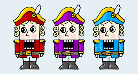 A set of colourful nutcrackers, doodle style. Vector illustration in red, yellow, blue, purple tones.