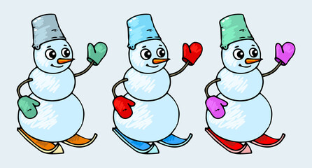 Set of colorful Snowmen, doodle style. New Year vector, colorful illustration.