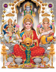 Lord Laxmi, Lord Ganesha, Lord Saraswati with colorful background wallpaper , Diwali Pooja poster...