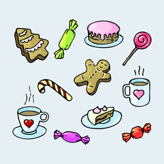 Set of holiday sweets, doodle style. Minimalistic colorful vector illustration.