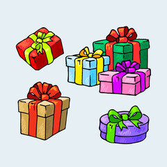Set of gift boxes, doodle style. Vector illustration in red, yellow, blue, purple, green tones.