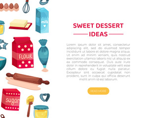 Web Banner with Ingredients for Pie Cooking and Baking with Flour and Sugar Vector Template