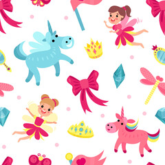 Fairy Unicorn with Twisted Horn and Flying Pixie Vector Seamless Pattern