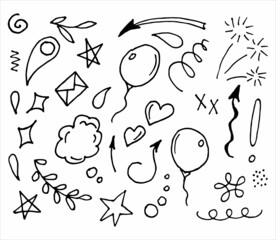 Hand drawn collection of doodle elements for design concept. Arrows, splashes, waves, broken lines, drops, circles, curly squiggles, geometric shapes and other abstract objects in the doodle style.