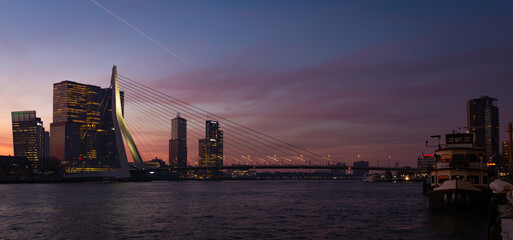 Morning view of the Skyline of Rotterdam and the Erasmus Bridge, seen from the Maas (Meuse), the Netherlands.