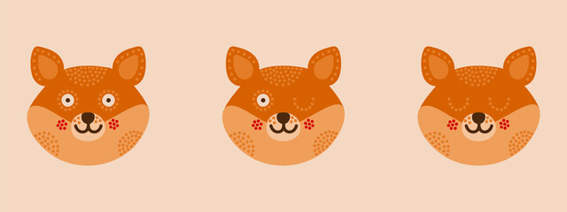 Head with expression of emotions of a funny fox in cartoon style isolated on a colored background.