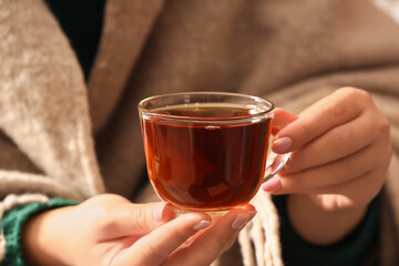 Woman drinking tasty tea, closeup