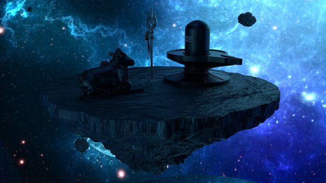 Shiva lingam and nandhi statue on asteroid. Made with 3d rendering...