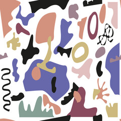 Modern abstract geometric collage shapes seamless pattern. White background