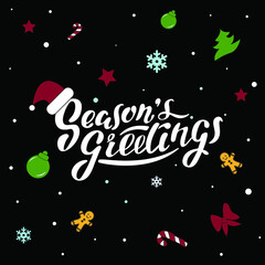 Season's greetings, vector hand lettering. White letters with colored Christmas patterns on the black background. Vector illustration style calligraphy. Typography winter holidays. Christmas.