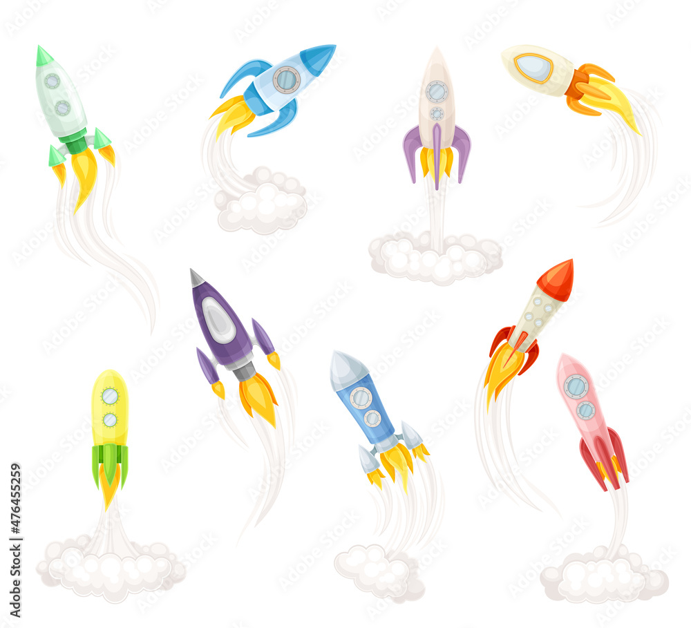 Poster rocket as spacecraft with engine exhaust launching and flying in space vector set