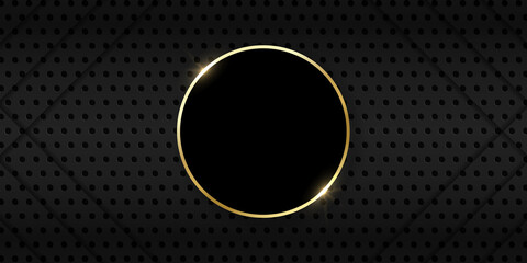 Black Metal Background with Circles. Perforated Pattern with Gold Ring. Golden Shiny Circle on Dark Sheet Metal Meshed Background. Grid Pattern. Abstract Modern Design. Vector Illustration