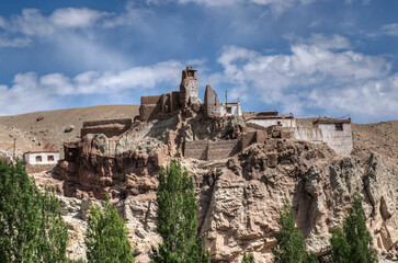 Ruins at Basgo Monastery with stones , rocks. Vinatge architecture of old Ladakh, Jammu and Kashmir, India.