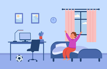 Little boy waking up in morning and stretching. Child bedroom interior, kid awake at early time flat vector illustration. Daily routine, lifestyle, childhood concept for banner or landing web page