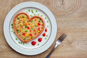 Fried rice with carrots,onions,tomatoes,green peas,spring onions,eggs and soy sauce in heart shaped sausage on plate with wooden background.Healthy food idea for Valentine's day.Top view.Copy space