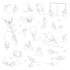 Collection. Silhouettes of hands in a person's life: with a phone, a cup, a pen in a modern one line style. Solid line, outline for decor, posters, wall art, stickers, logo. Set of vector illustration