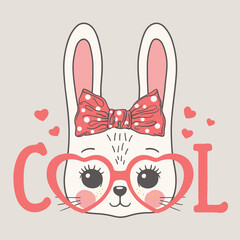 Cute rabbit girl face with pink heart glasses. Cool slogan. Funny bunny face. Vector illustration for children print design, kids t-shirt, baby wear
