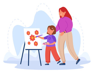 Cartoon mother looking at daughter painting flowers. Kid drawing with paint on canvas on easel flat vector illustration. Family, art, education concept for banner, website design or landing web page