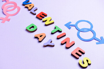 Text VALENTINES DAY with symbols of woman and man on color background. LGBT concept