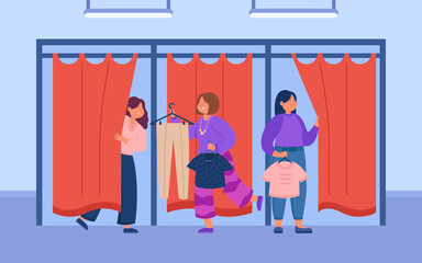 Happy cartoon girl bringing clothes to fitting room. Dressing cabins in clothing store or shop flat vector illustration. Shopping, sale, fashion concept for banner, website design or landing web page