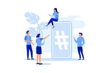 phone with hashtag sign, people and social networks vector flat modern design illustration