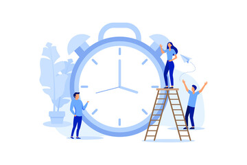 alarm clock rings on white background, concept of work time management, quick reaction awakening vector flat modern design illustration - obrazy, fototapety, plakaty