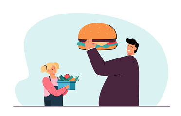 Menu comparison of man with burger and girl with vegetables. Difficult choice of tiny people flat vector illustration. Unhealthy vs healthy food concept for banner, website design or landing web page