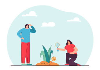 Care of investors for money plant growth. Woman looking through magnifying glass at financial profit flat vector illustration. Finance, deposit concept for banner, website design or landing web page