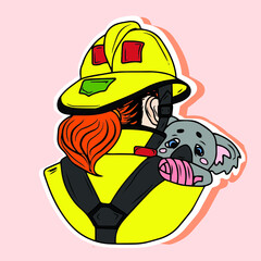 Vector children's design for backgrounds and fabrics, postcards, stickers. Cute koala and kangaroo firefighters