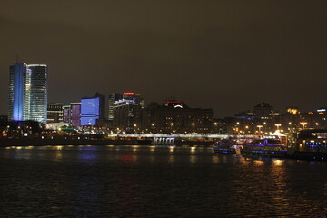 Krasnopresnenskaya embankment, view of the Novoarbatsky bridge. Moscow, Russia