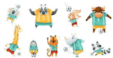 Team of wild animals playing soccer. Cute rhinoceros, penguin, rabbit, ball, tiger, koala football mascots in sports uniform cartoon vector illustration